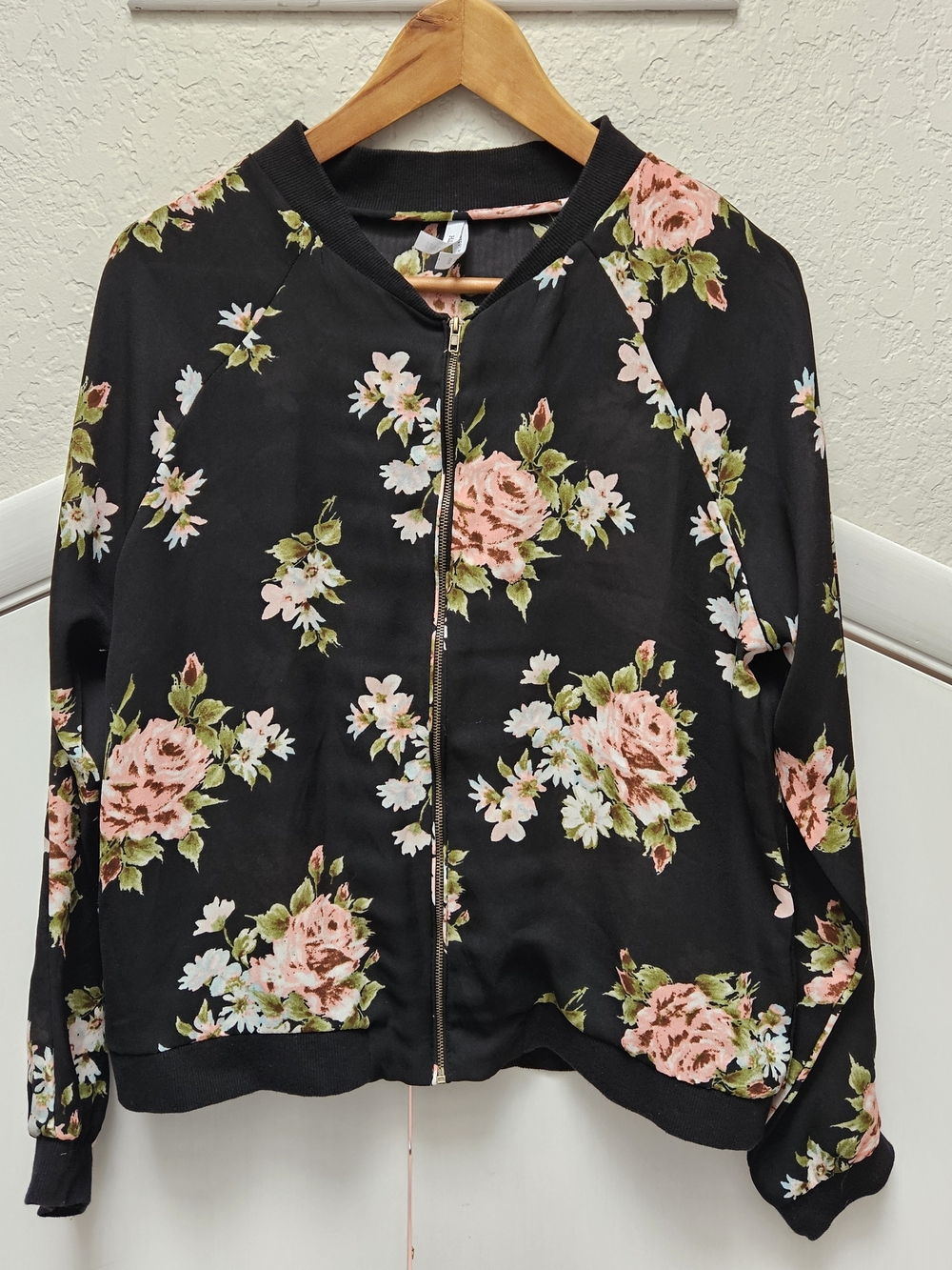 Live 4 Truth Floral Bomber Jacket Light Sheer Black Pink Rose Zip Front M